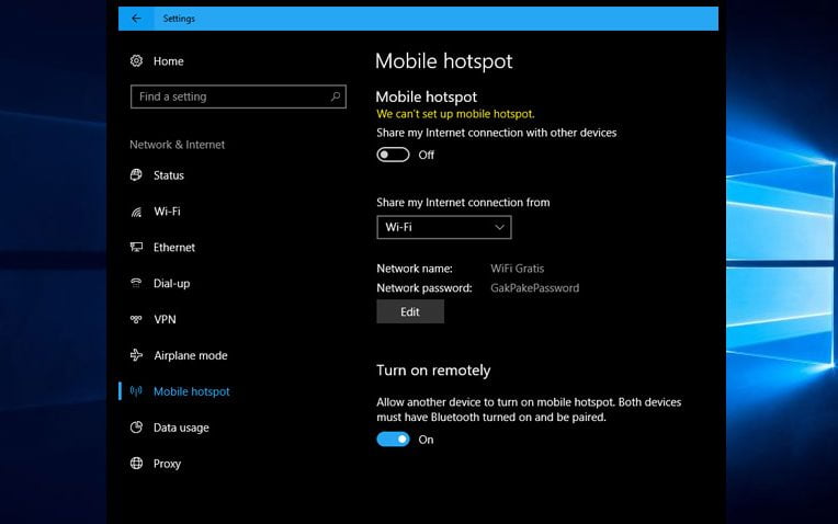 Cara Mengatasi We can't set up mobile hotspot di Windows 10